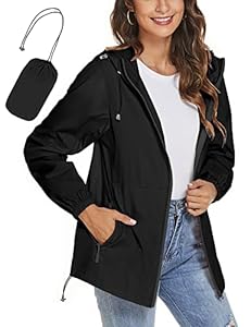 iWoo Regenjacke Damen Wasserdicht Atmungsaktiv Schwarz Leicht Regenmantel Dünne Rains Outdoorjacke Sport Übergangsjacke für Wandern Reisen, Schwarz M