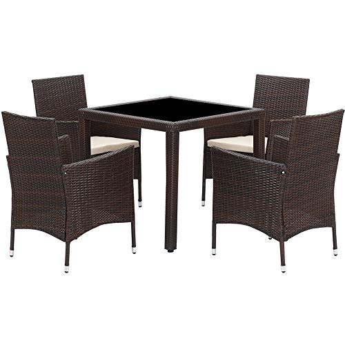 Wisteria Lane Outdoor Patio Dining Table Set, 5 Piece Glassed Dining Table Chairs Sectional Furniture Conversation Set Cushioned Garden Lawn Bar Furniture,Brown