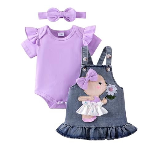 Baby Girl Clothes Newborn Baby Girl Romper Ruffle Short Sleeve Cute Bear Cartoon Jeans Skirt Outfit Set 0-18 Months