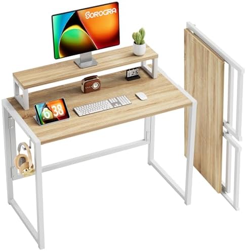 Folding Desk with Monitor Stand, Computer Table for Home Office a...