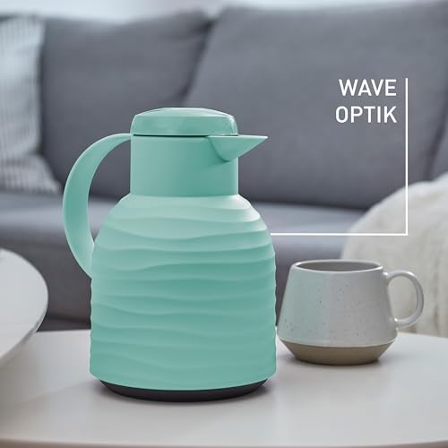 Foto von Emsa Samba Wave Isolierkanne, 1 Liter Fassungsvermögen, Quick Press Verschluss, 100% dicht, 12h heiß und 24h kalt, mit Glaskolben, made in Germany, Puder-Grün, N4010800
