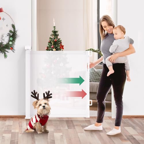 120-Inch Retractable Baby Gate Extra Wide, Expandable Mesh Baby Gate with 2 Bottom Adhesive Hooks, Expands to 55-Inch, 80-Inch, 120-Inch, Wide Baby Gate or Dog Gates for House Stairs Doorways Hallways