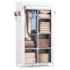 ROJASOP Portable Closet Wardrobe Closet for Hanging Clothes with 6 Storage Shelves, 1 Hanging Rod and 4 Pockets, Clothes Organizer and Storage Wardrobe Free Standing Closet for Bedroom, White