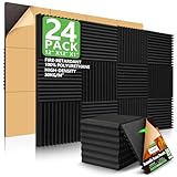 24 Pack Acoustic Panels, 1' X 12' X 12' Acoustic Foam Panels, Sound Proof Foam Panels, Self-Adhesive Soundproof Wall Panels ,Fire-Proofed Soundproofing Wedges,Acoustic Treatment Foams for Home-Black