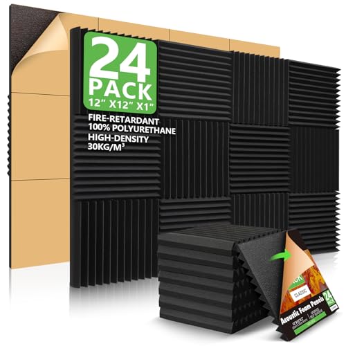 Image of 24 Pack Acoustic Panels, 1 inch X 12 inch X 12 inch Acoustic Foam Panels, Sound Proof Foam Panels, Self-Adhesive Soundproof Wall Panels,Fire-Proofed Soundproofing Wedges,Acoustic Treatment Foams for Home-Black