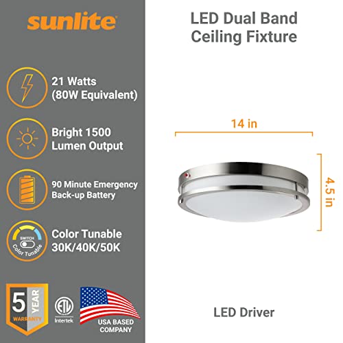 Sunlite 87780 Led 14 Inch Dual Band Ceiling Flush Mount, Emergency 90-Min Battery Back-Up, 21 Watts, 1500 Lumens, Adjustable 3 Cct 3000K-5000K, Dimmable, 50,000 Hour Lifespan, Brushed Nickel #TOP1