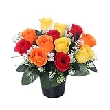 NEW IMPROVED DESIGN WITH FOAM INSERT | 25cm Grave Flower Pots | Artificial Flowers For Graves | Cemetery & Floral Decorations | Grave Flowers Cemetery Funeral Flowers | YELLOW, ORANGE & RED ROSES