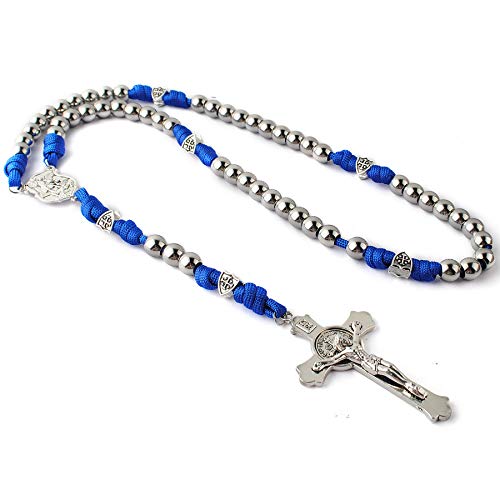 HanlinCC 10mm Stainless Steel Beads Large and Heavy Rugged Durable Paracord Rosary for Men with St.Michael Center Piece and St.Benedict Crucifix (Blue)