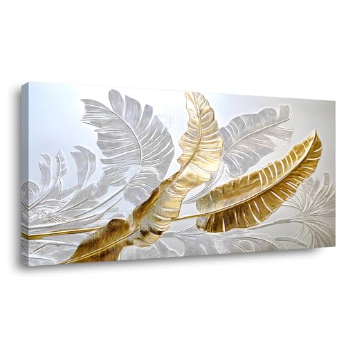 Gold Silver Leaf Canvas Wall Art Golden Silver Palm Leaves