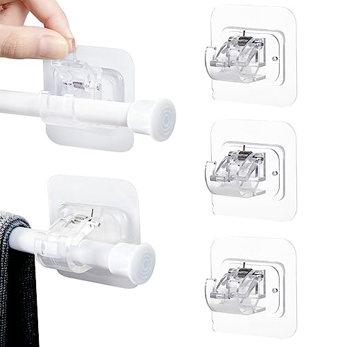 XIACIBDU 4 Pcs Self Adhesive Curtain Rod Bracket, No Drill Drapery Hook Holders, Nail Free Adjustable Curtain Pole Bracket, Transparent Towel Rod Fixing Rod Holder for for Home Kitchen Bathroom Hotel