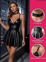 FULLJOYLOVE Lederkleid Damen Sexy Babydoll Große Größen Wet Look Dessous – Ansicht 4