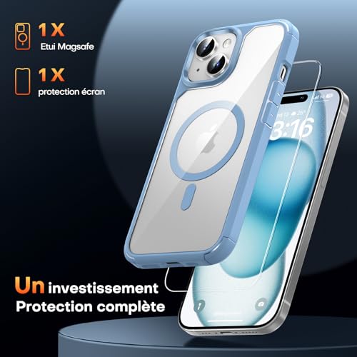 Coque magnétique iPhone 15 TAURI antichoc militaire fine bleue