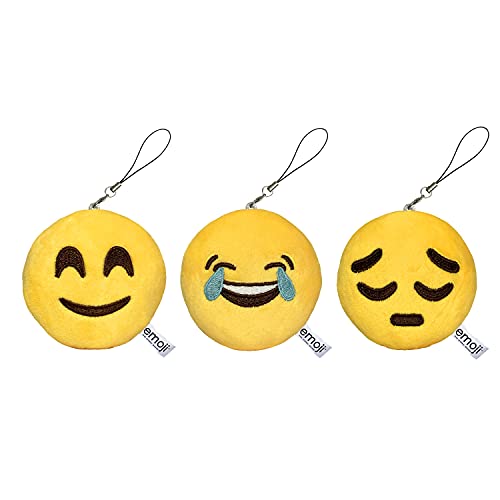 EvZ Emoji Iconic Emoticon Cushion Stuffed Plush Cute Soft Keychain, 3 inches, Pack 3