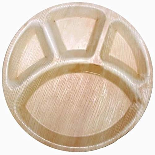 Areca Palm Leaf Eco-friendly Disposables Plates (Pack of 25 pcs) (12 Round 4 Compartments), Compostable Eco-Friendly Party Plates, Biodegradable Disposable Party Plates