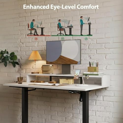 Image of TEKAVO Hirak Electric Height Adjustable Table with Moniter Riser I Standing Desk I Workstation for Home Office I Work Table for Laptop pc I with Storage I 120L x 60W x 70 to 120H CM I White I DIY
