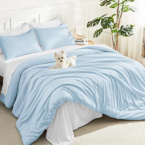 Image of Litanika Comforters Light Blue Queen Size, 3 Pieces Lightweight Solid Bedding Comforter Set, All Season Fluffy Bed Set (90x90In Comforter & 2 Pillowcases)