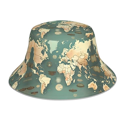 JBYJBX Sombrero de pescador reflectante con estampado de naturaleza verde para hombres y mujeres, gorra de pescador para adultos, sombrero casual rave de doble cara, Mapamundi retro, talla única