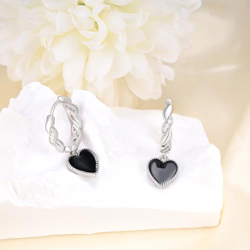 Sterling Silver Black Heart Hoop Earrings for Women - Cubic Zirconia Love Heart-Shaped Loop Dangle Earrings Hypoallergenic Lightweight Fashion Jewelry Gifts for Sensitive Ears for Her Wife Teens4