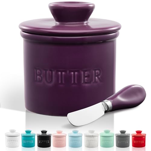 Zulay Kitchen Bell Shaped Butter Crock with Lid for Countertop with Water Line & Spreader Knife, Ceramic French Butter Dish Keeper For Fresh, Soft & Spreadable Butter - Purple