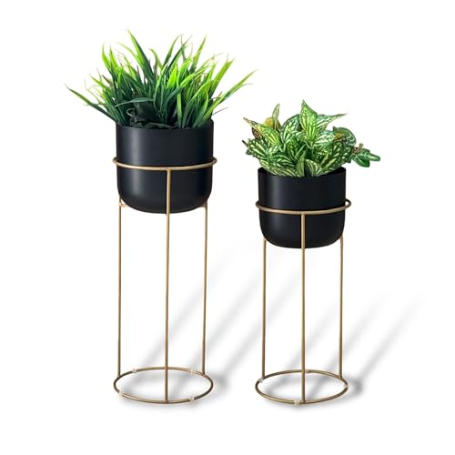 Image of Decorative Black Planters with Gold Stands for Indoor Plants | Metal Planters for Living Room Bedroom Balcony Home and Office | Set of 2