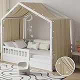 Pacok Hausbett Himmel mit Lichterkette 1 Stück Deko Baldachin Hausbett Vorhang,Betthimmel Musselin Stoffhimmel Hausbett für Mädchen Jungen Kinderbett,135 x 420 cm Camel