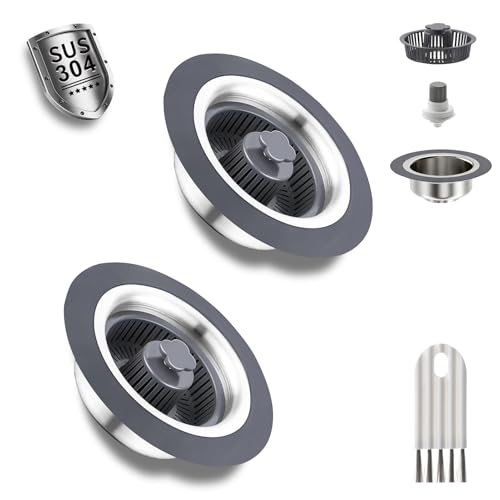 2 Pack 3 in 1 Kitchen Sink Drain Strainer & Sink Stopper,Upgraded Stainless Steel Drain Plug Combo with Anti-Clog Basket, Pop Up Drain Cover for Standard 3-1/2'',Garbage Disposal Parts