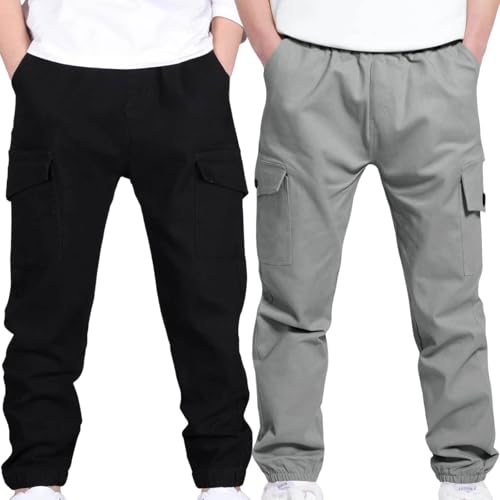 2pc Boys Cargo Pants Childrens Sports Stretch Elastic Waist School Kids Twill Joggers Comfy for 4-13 Years4