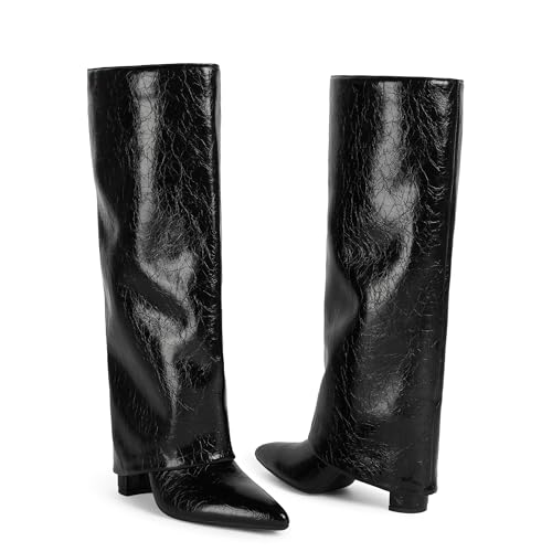 Image of Modatope Black Womens Boots Chunky Heel Fold Over Knee High Boots Pointed Toe Dress Fashion Tall Long Shark Boots Size 9