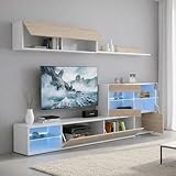 ensemble meuble tv blanc design UNITÉ MURALE ADAMS - Ensemble de salon d'angle modulaire, Meuble de salon multi-positions avec lumière LED, 260x41h180 cm, Chêne et Blanc