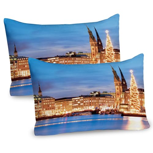 Ambesonne Winter Pillow Sham Set of 2, Hamburg Germany Old Town Hall with Christmas Tree Historical Architecture, Quality Microfiber Bedding Item for All Seasons, 26
