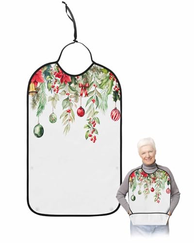 Christmas Adult Bib for Adults Men, Women, Xmas Pine Eucalyptus Leaf Bell Red Green Washable & Adjustable Terry Cloth Bib with Crumb Catcher Reusable Waterproof Clothing Clothes Protector Apron