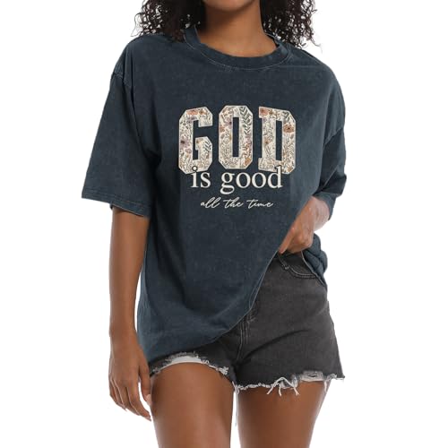 Image of Christian God is Good Shirts for Women Jesus Faith Religious T Shirts Floral Graphic Oversized Acid Washed Tee Tops