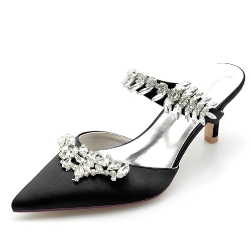 Escarpins de mariage à talon bas FGRID en satin noir avec strass pour une soirée de noces chic
