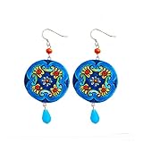 Pendientes de cerámica pintados a mano – AROS NARANJA Y AZUL DE VIETRI - Pendientes colgantes de mujer, Joyas de cerámica pintada, Gancho de plata, Made in Italy, Bisutería, Elaboración artesanal