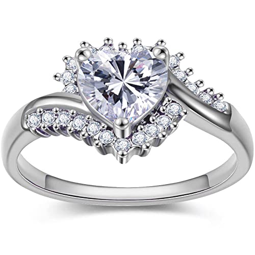FLIUAOL 18k Gold Womens Promise Ring，Heart CZ Crystal Engagement Rings for Women Wedding Rings for Her Birthday Valentine's Day Anniversary Jewelry (.A-White Gold, 10)