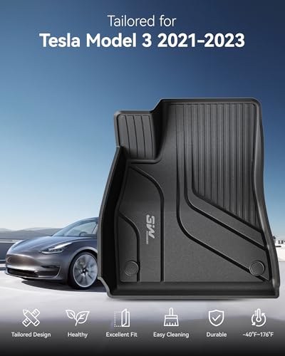 Image of 3W Floor Mats and Trunk Mat for Tesla Model 3 2021-2023 | Full Set All-Weather TPE Floor Liner, Custom Fit Model 3 Accessories, Black, Over 10 Years Lifespan