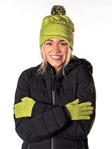 Dr. Seuss The Grinch Who Stole Christmas Embroidered Pom Beanie and Glove Set Green3