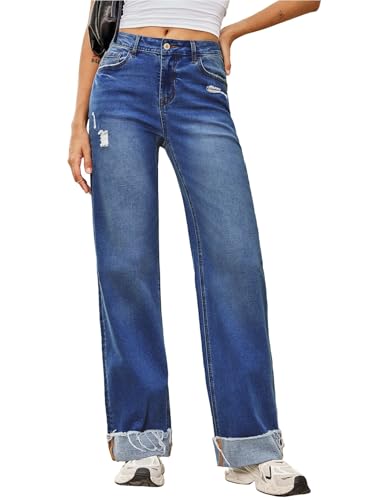 Sidefeel Women's Jeans High Waisted Stretchy Wide Leg Distressed Straight Leg Folded Hem Loose Denim Pants Bluing Size 14