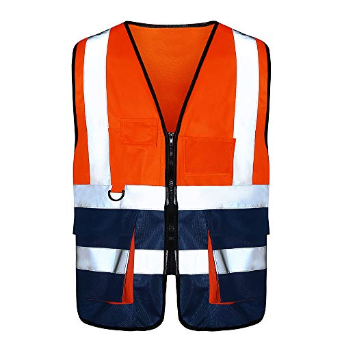 Image of Reflective Construction Vest, 7 Pockets, Zipper, Orange /Blue, 3XL | Orange /Blue 3XL fabric work vest with reflective strips and 7 pockets for marine ground support; available in 21 colors.