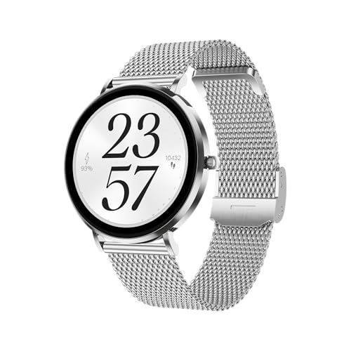 ماكسكوم ساعة ذكية للنساء من سيلين FW27 بشاشة اموليد عالية الدقة مقاس 1.35 انش وخاصية الاتصال بتصنيف IP68 لتتبع الصحة والرياضة وسوارين بلون ذهبي (فضي)