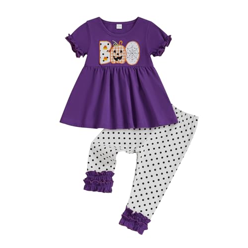 Toddler Baby Girl Halloween Outfit Ghost Shirts Tunic Top and Ruffle Pants Set Toddler Fall Clothes (Boo Purple 2-3T)