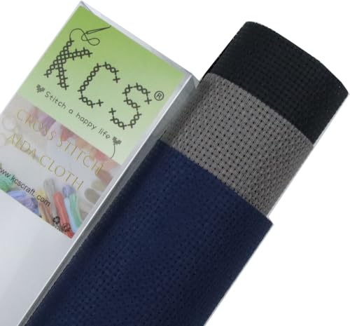 Image of KCS 3 pc of 15 inch x 18 inch(38cmx45cm) Counted Cross Stitch Cotton Aida Cloth Needlework Rolled Fabric Box,16CT,Navy Blue+Dark Grey+Black