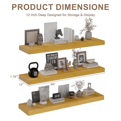 Image of 48-Inch Floating Shelves, Set of 3 Wall Mounted Storage Ledges, 12-Inch Deep Extra-Thick Solid Paulownia Wood Shelving for Kitchen, Living Room, Bedroom & Bathroom, Natural Clear Finish