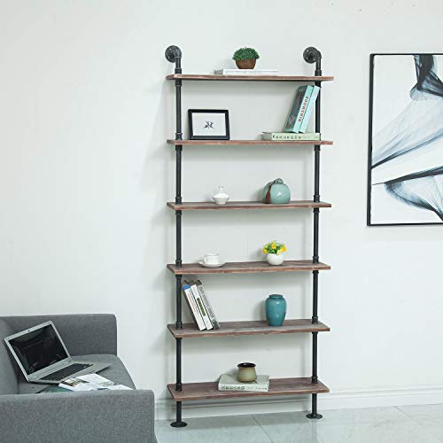 Wgx Design For You Industrial Pipe Shelves Rustic Wood Ladder Bookshelf Wall Mounted Shelf For Living Room Decor And Storage (32In, 6 Layers) #TOP2