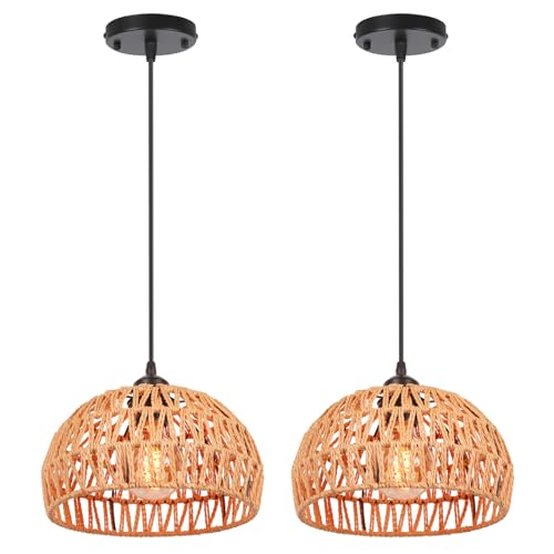 Suspension luminaire vintage rotin et métal noir lustre rétro E25cm x2