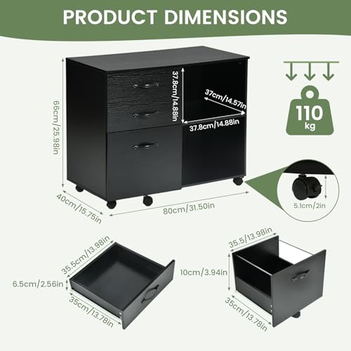 buybyroom Cajonera Oficina Escritorio con 3 Cajones, Armario Archivador Móvil con 5 Ruedas para Bajo Oficina Escritorio Casa, Soporte para Impresora con Estantes Abiertos, 80×40×66cm, Negro - imagen 2