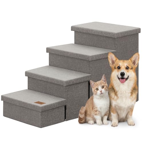 Image of Zerbuger Dog Stairs with Storage 23 inch H, 4-Step Wider Dog Steps for High Beds Window, Folding Sturdy Pet Stairs Gift for Injured Old Dogs Cats, Ramp for Climbing Car Up to 200 lbs,(Gray, No Condo)