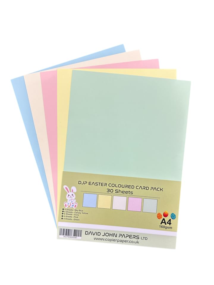 DJP Paquete de tarjetas A4 de colores de Pascua, 30 hojas de 160 g/m², tarjetas de colores pastel (azul cielo, marfil, amarillo canario, rosa y verde; 6 hojas de cada color)