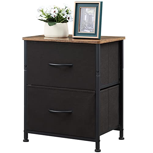 Somdot Black Nightstand Set of 2 with Drawers and Fabric Bins for Bedroom and Dorm Use
