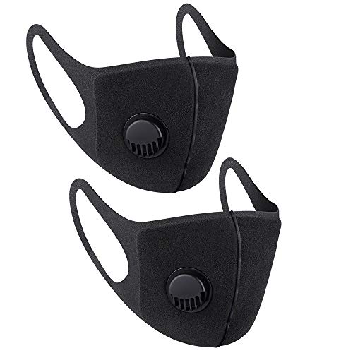 Preisvergleich Produktbild NUÜR Gesichtsmaske aus Stoff, wiederverwendbar, mit Luftventil und Ohrschlaufen, atmungsaktiv, weich, waschbar, Schwarz, 2 Stück